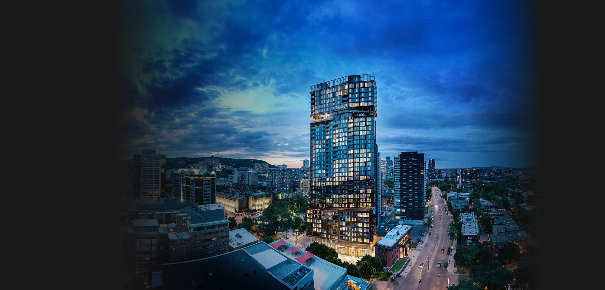 Exterior view of Eleva condos rental project surrounded by Downtown Montreal.