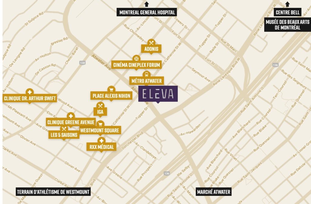 Multiples points d’intérêts dans le quartier à proximité d’Eleva au Centre-Ville de Montréal, dont la station de Métro Atwater.