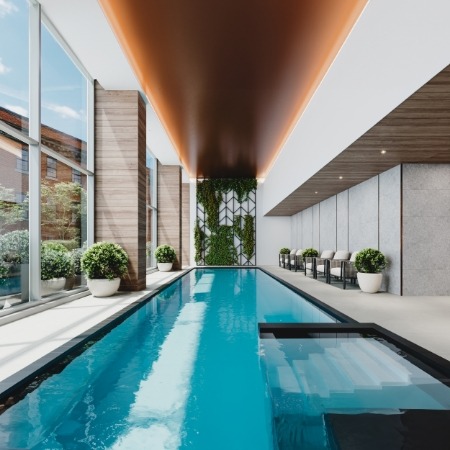 Pool, one of the numerous common areas at Eleva 55+ rental condo project in Montreal